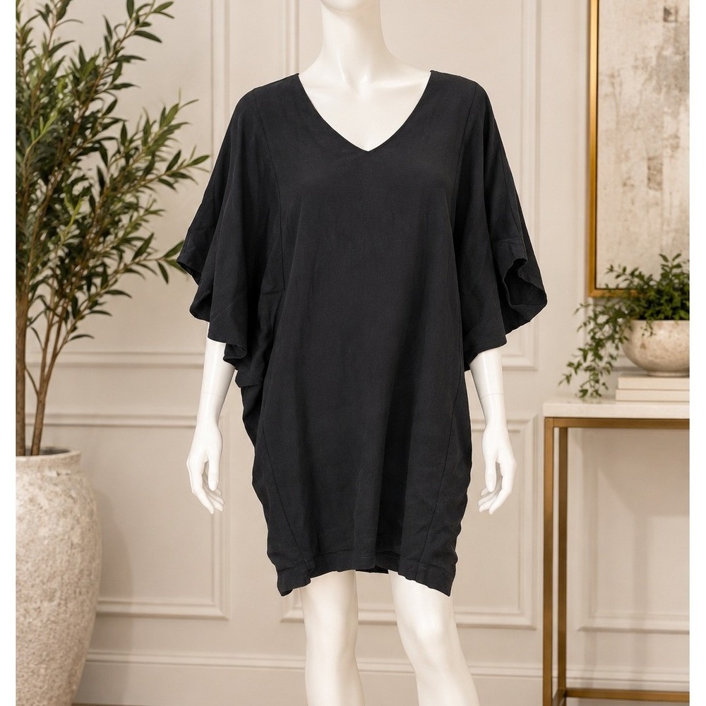 Ginger Womens Dress Black Linen Blend V-Neck Cocoon Pockets Medium